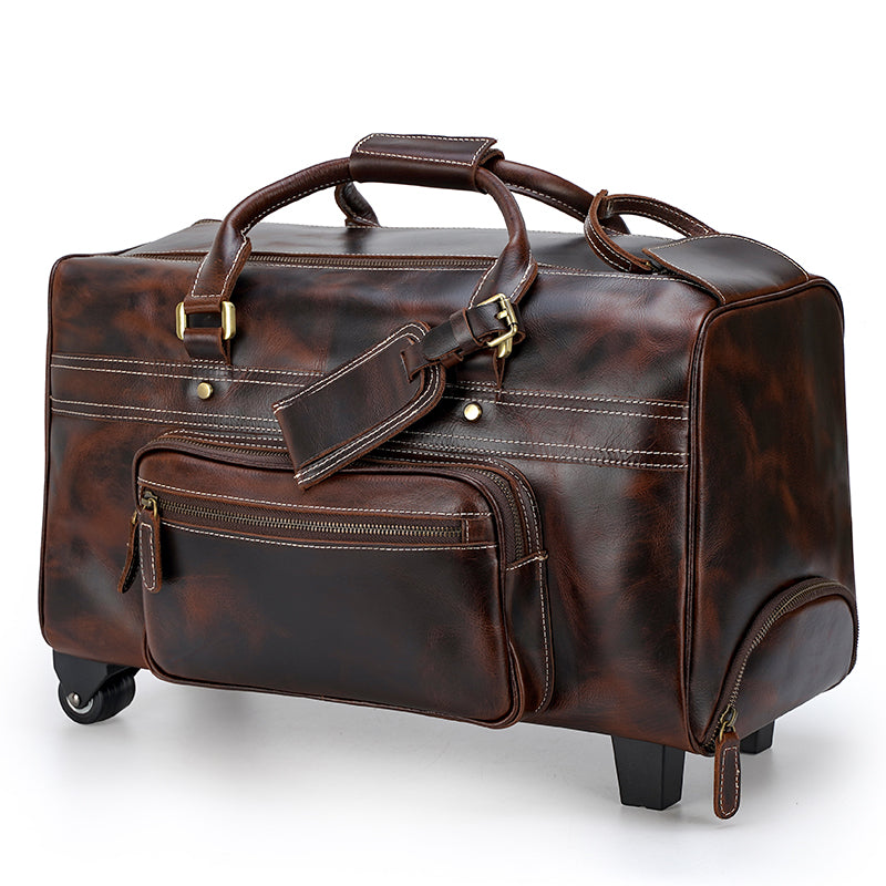 Genuine Leather Trolley Duffle Bag Wheeled