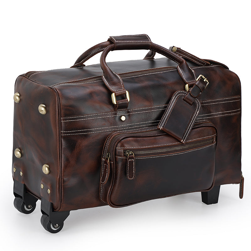 Genuine Leather Trolley Duffle Bag Wheeled